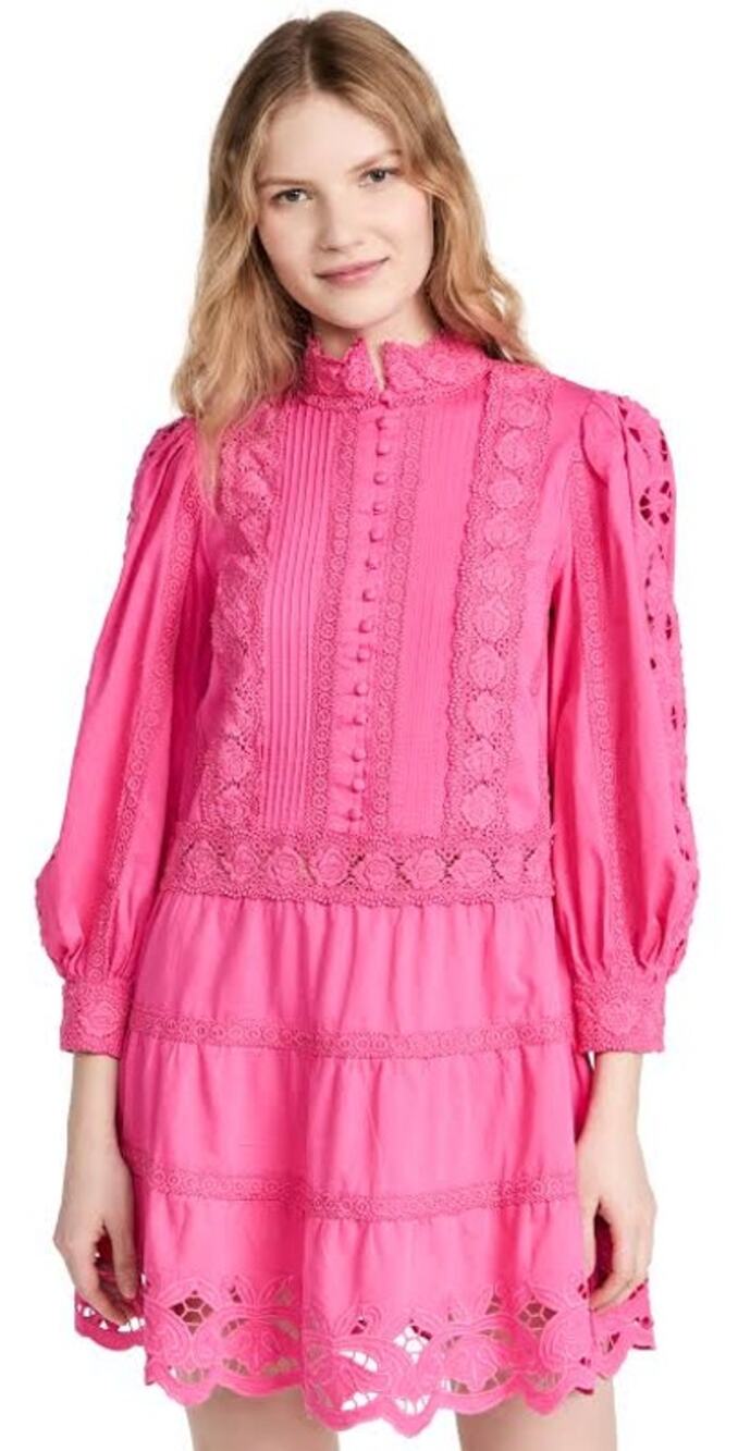 Alice + Olivia Clark Mini Dress French Rose Pink Embroidered Tiered Women's 8